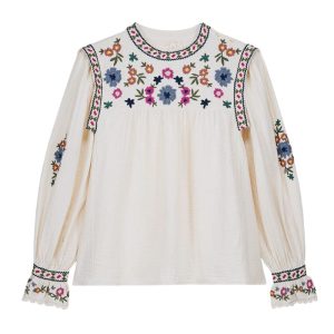 Blusa blanca boho chic con bordado floral multicolor en cuello y mangas para mujer de Louise Misha