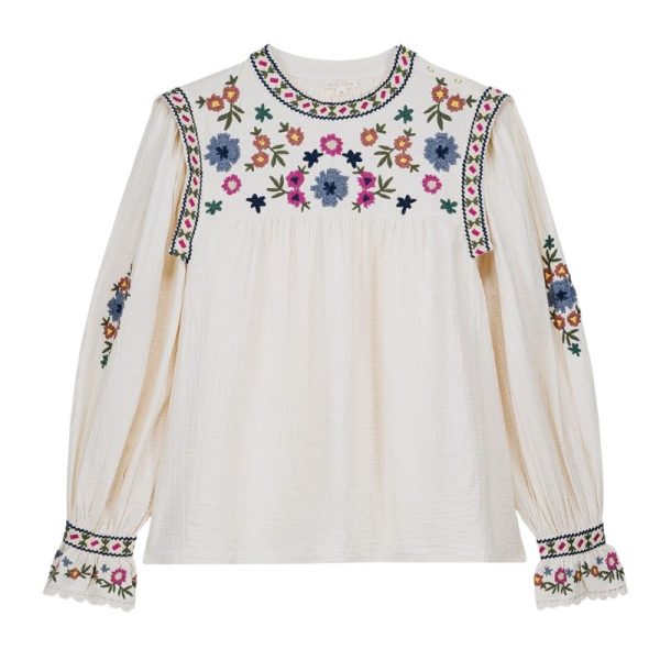 Blusa blanca boho chic con bordado floral multicolor en cuello y mangas para mujer de Louise Misha