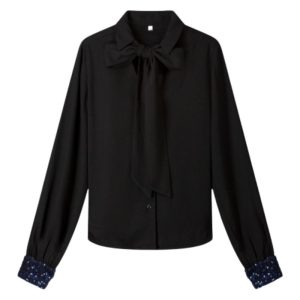 Blusa negra con lazo al cuello – Estilo elegante y femenino para looks sofisticados