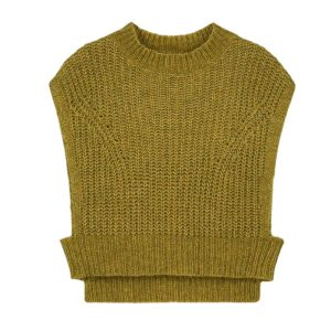 Descubre el chaleco de punto verde de Louise Misha, una prenda bohemia y artesanal confeccionada en lana y alpaca. Ideal para looks de otoño con estilo natural y acogedor.