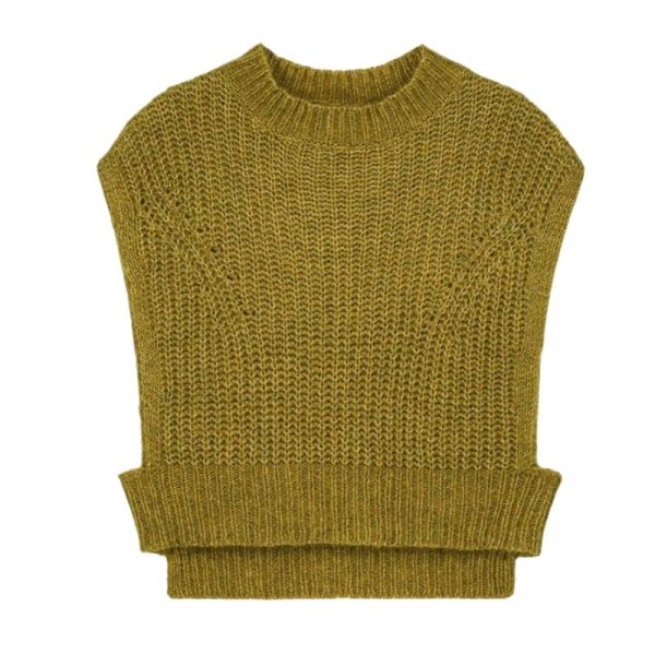 Descubre el chaleco de punto verde de Louise Misha, una prenda bohemia y artesanal confeccionada en lana y alpaca. Ideal para looks de otoño con estilo natural y acogedor.