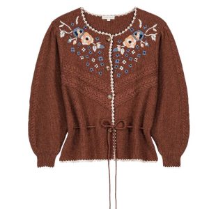 cárdigan teja mujer, chaqueta bordada boho, punto Louise Misha, cárdigan floral, moda femenina romántica, otoño invierno