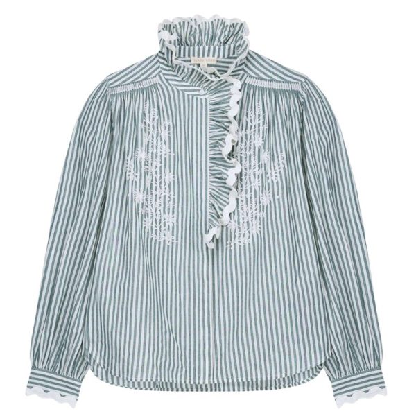 Blusa de rayas verdes con bordados y volantes – Louise Misha mujer