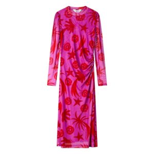 Vestido midi elástico fucsia y rojo – Estilo vibrante y moderno con estampado geométrico de POM AMSTERDAM